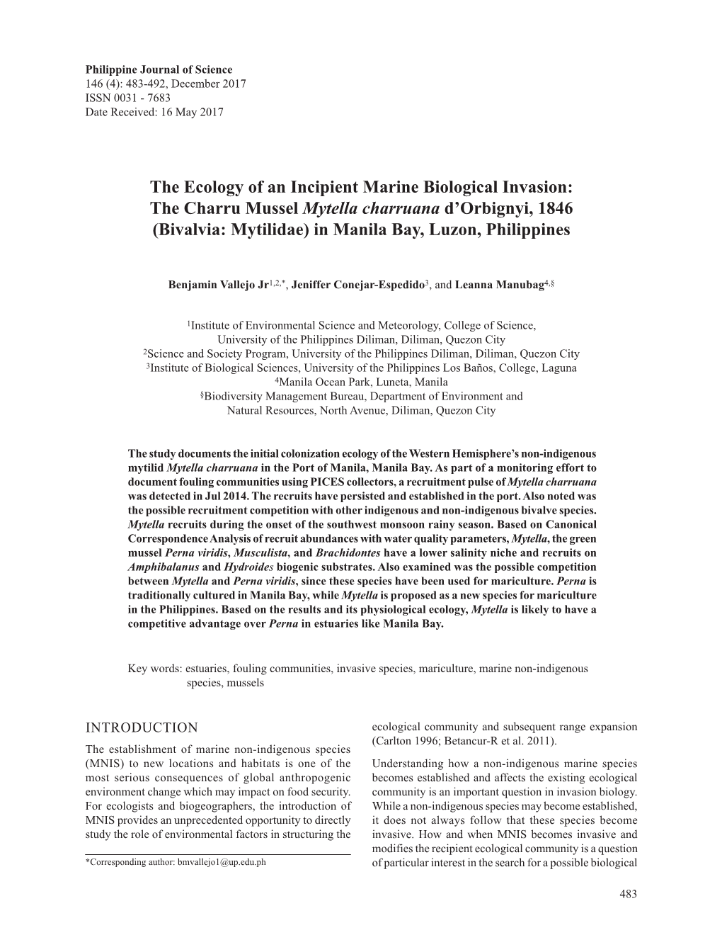 The Ecology of an Incipient Marine Biological Invasion: the Charru Mussel Mytella Charruana D’Orbignyi, 1846 (Bivalvia: Mytilidae) in Manila Bay, Luzon, Philippines