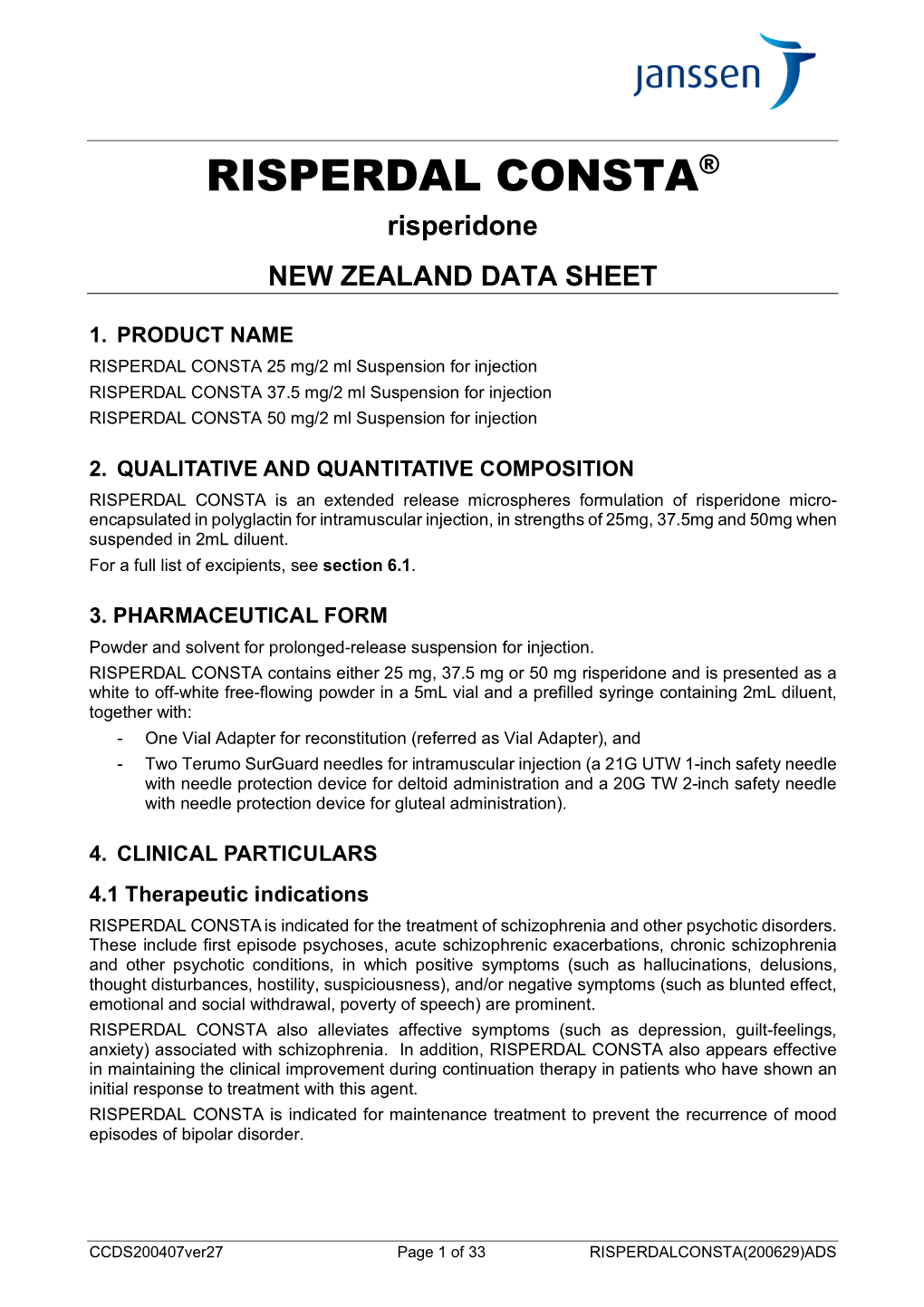 RISPERDAL CONSTA® Risperidone NEW ZEALAND DATA SHEET