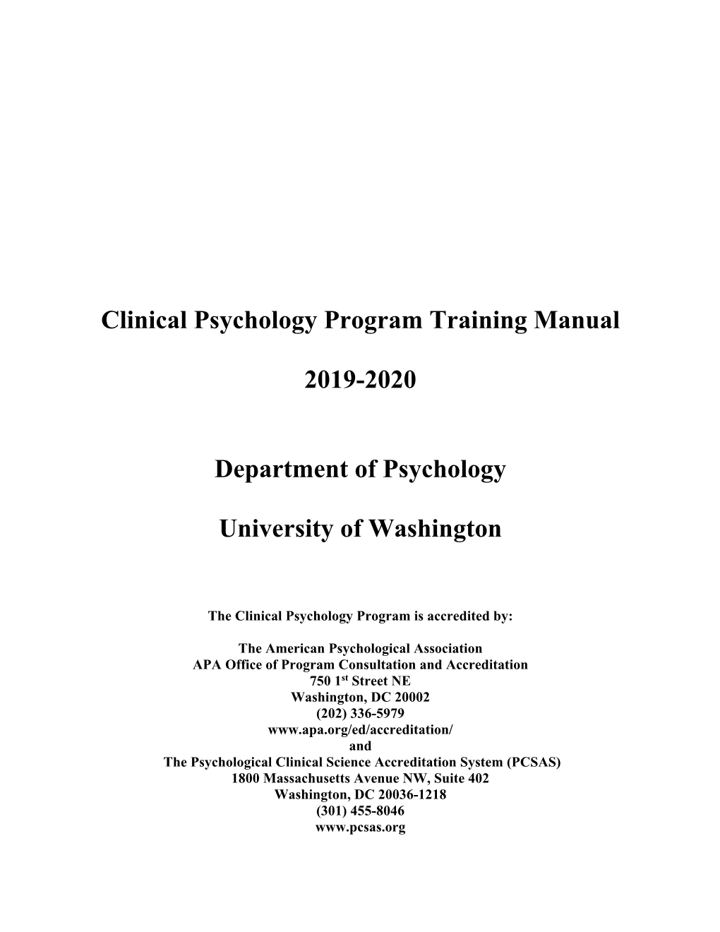 Clinical Psychology Program Training Manual 2019-2020 Department Of