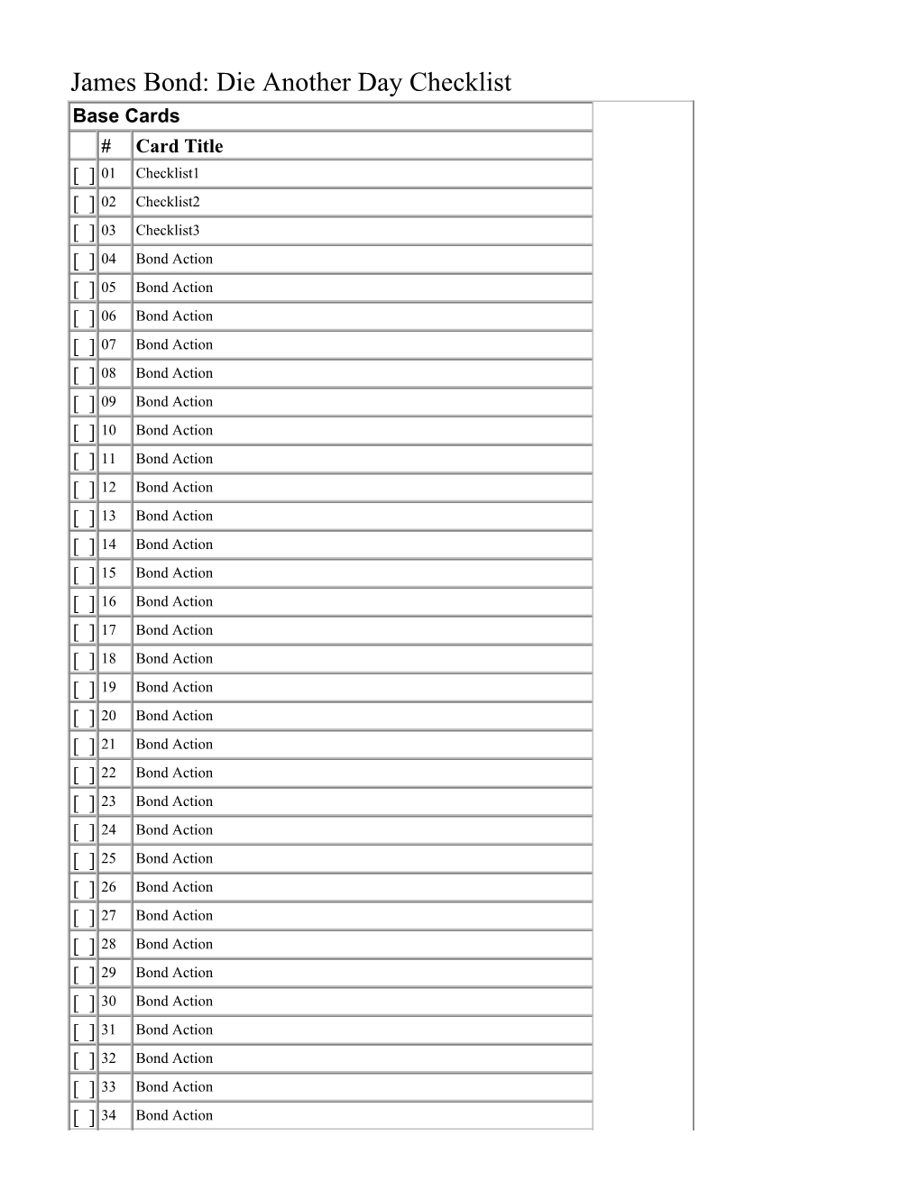 James Bond: Die Another Day Checklist