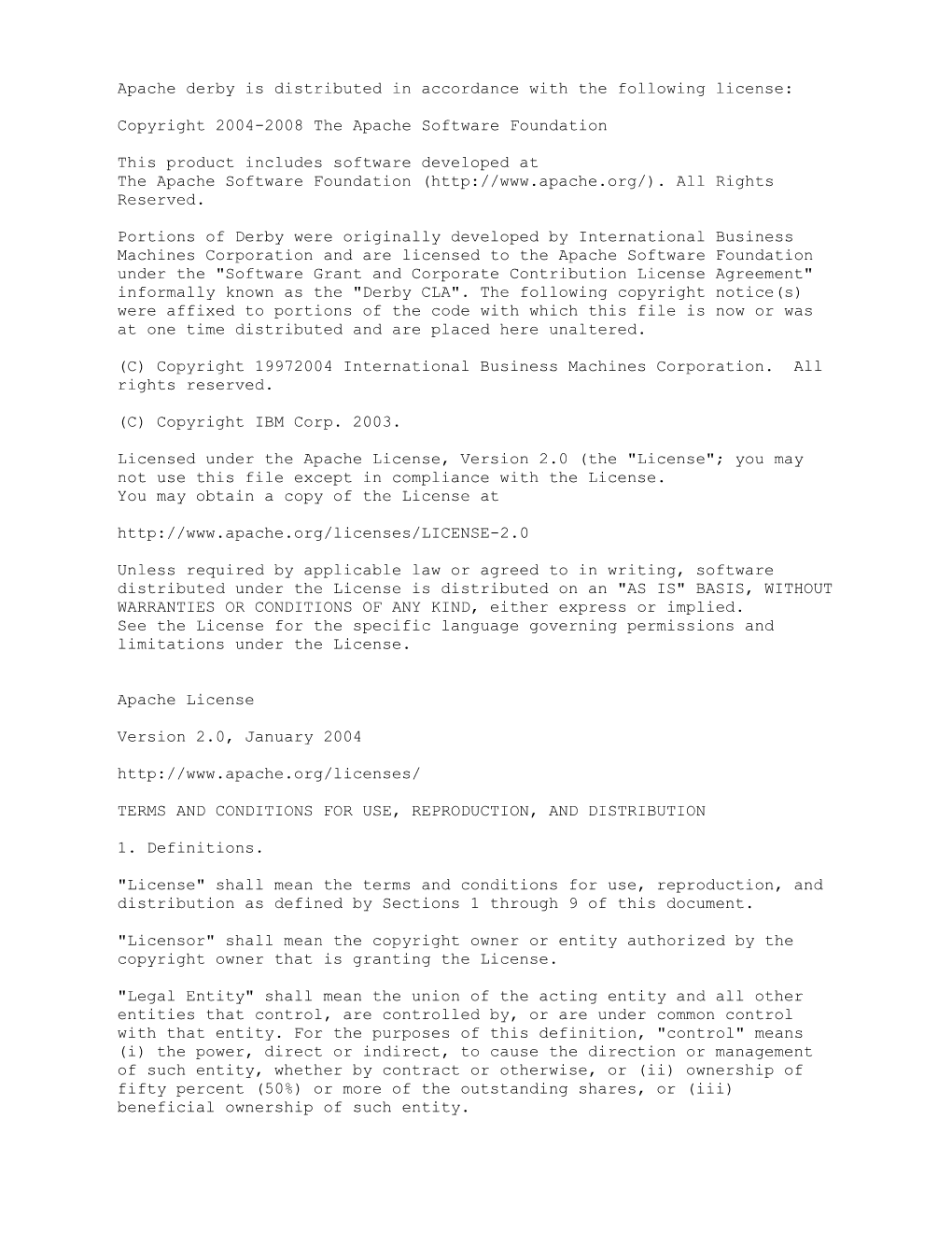 Apache Derby Is Distributed in Accordance with the Following License: Copyright 2004-2008 the Apache Software Foundation This Pr