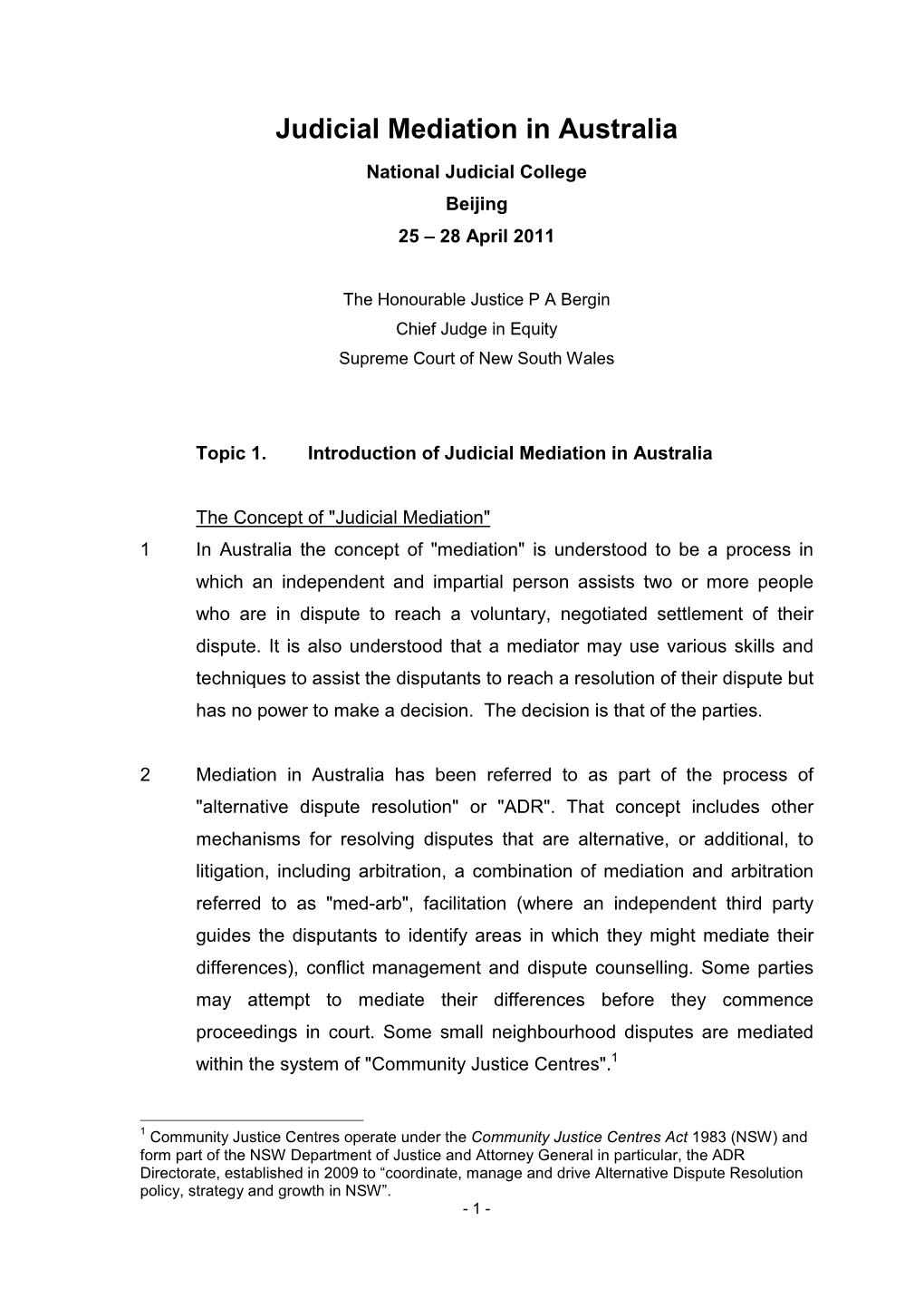 Judicial Mediation in Australia