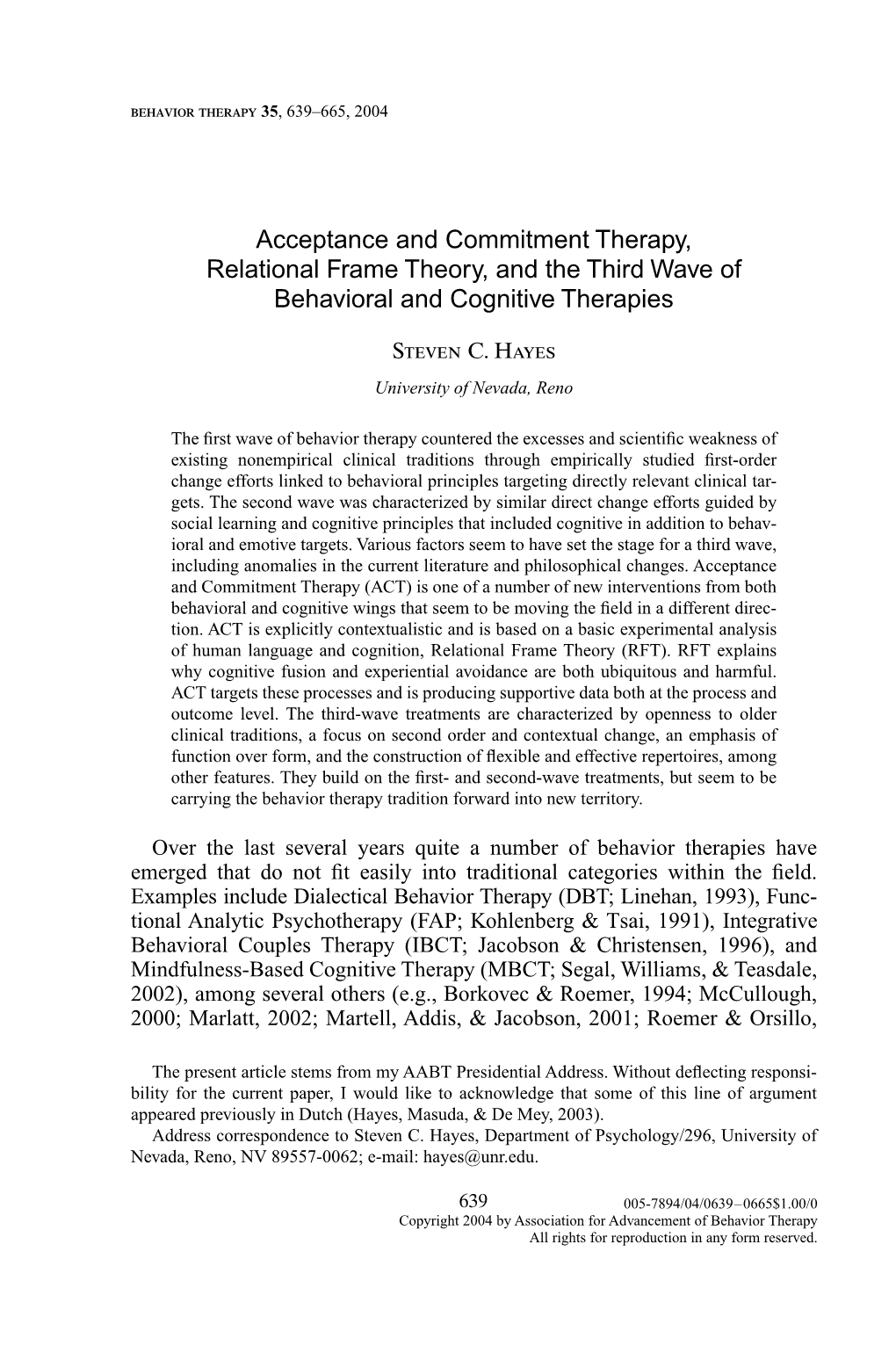 Acceptance and Commitment Therapy, Relational Frame Theory, and the Third Wave of Behavioral and Cognitive Therapies