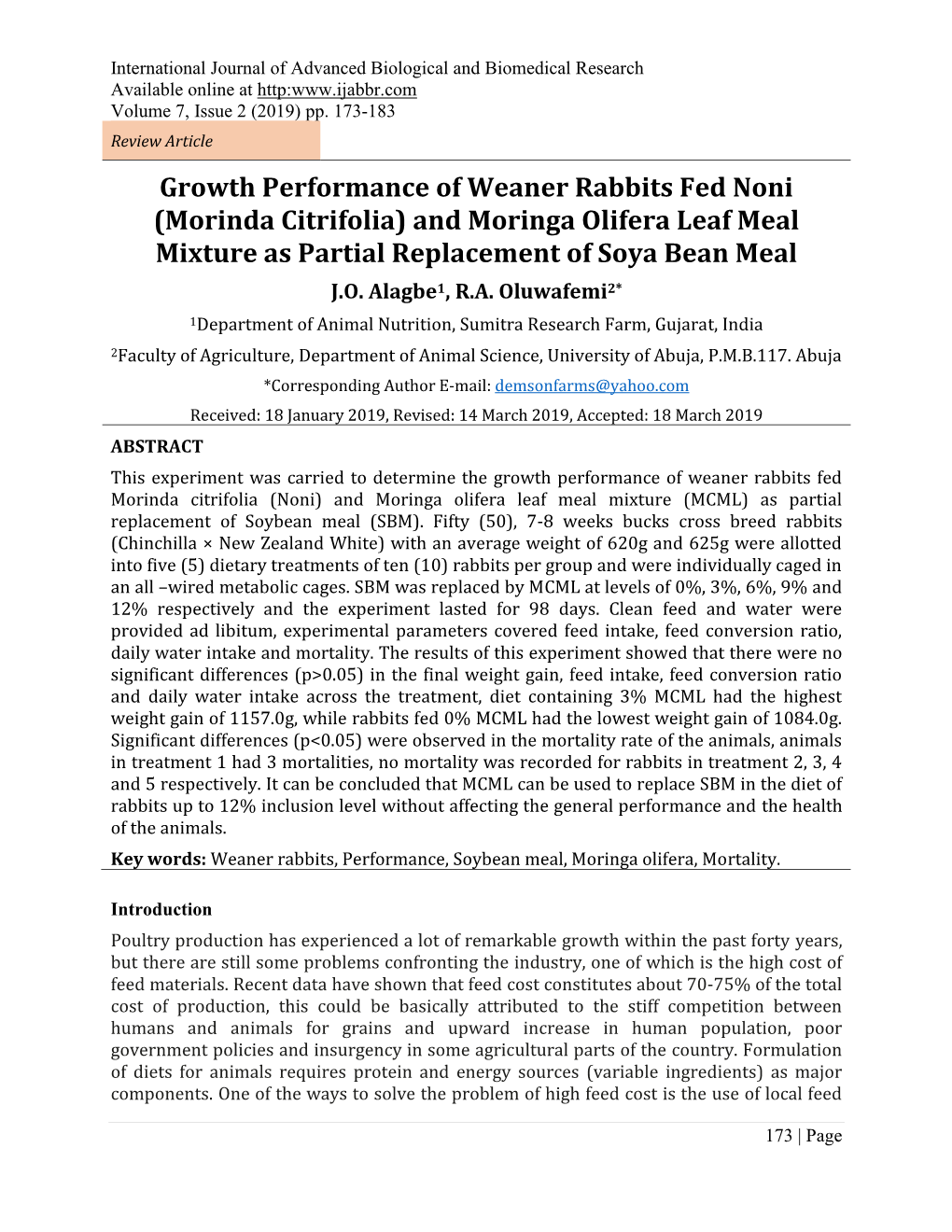 (Morinda Citrifolia) and Moringa Olifera Leaf Meal Mixture As Partial Replacement of Soya Bean Meal J.O