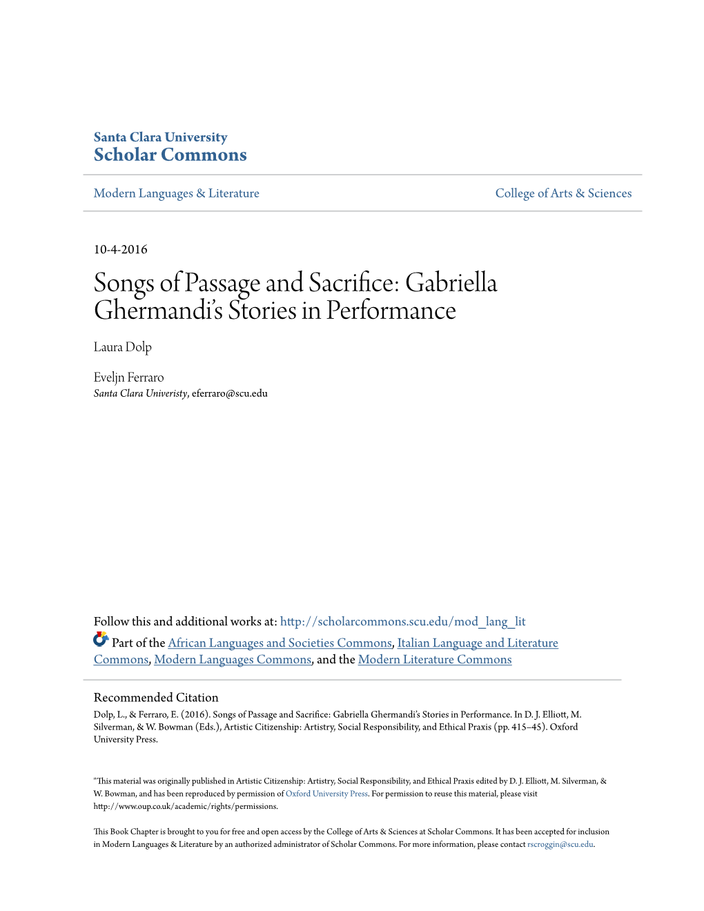 Songs of Passage and Sacrifice: Gabriella Ghermandiâ•Žs Stories in Performance