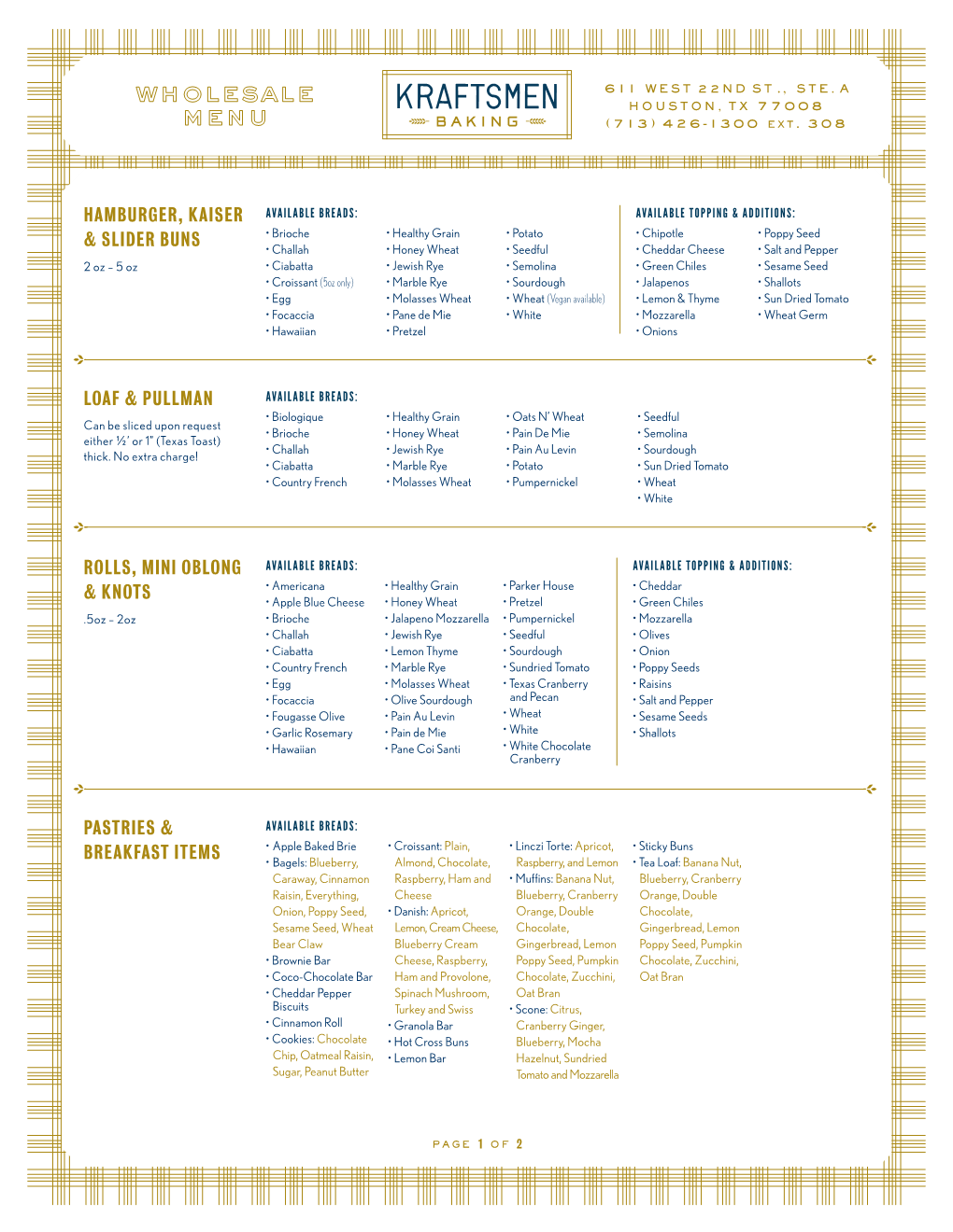 Kraftsmen Wholesale Menu