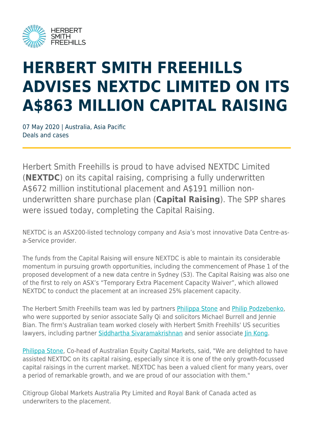 Herbert Smith Freehills Advises Nextdc Limited on Its A$863 Million Capital Raising