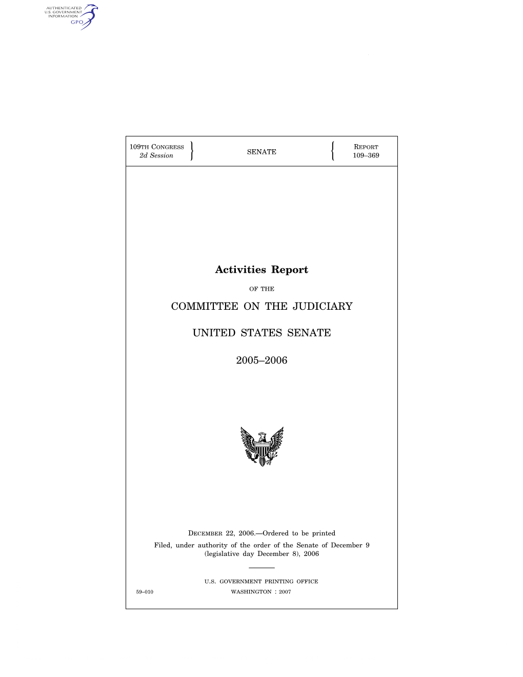 Activities Report COMMITTEE on the JUDICIARY UNITED STATES SENATE 2005–2006