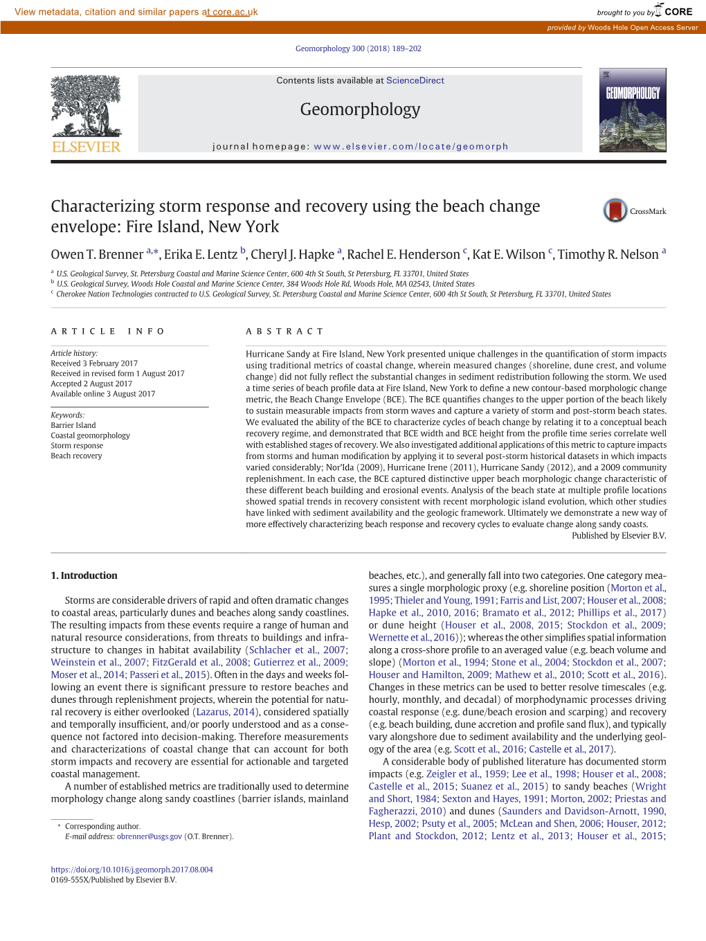 Characterizing Storm Response and Recovery Using the Beach Change Envelope: Fire Island, New York