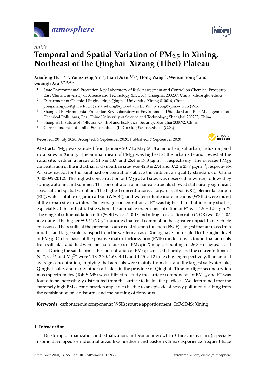 Temporal and Spatial Variation of PM2.5 in Xining, Northeast of the Qinghai–Xizang (Tibet) Plateau