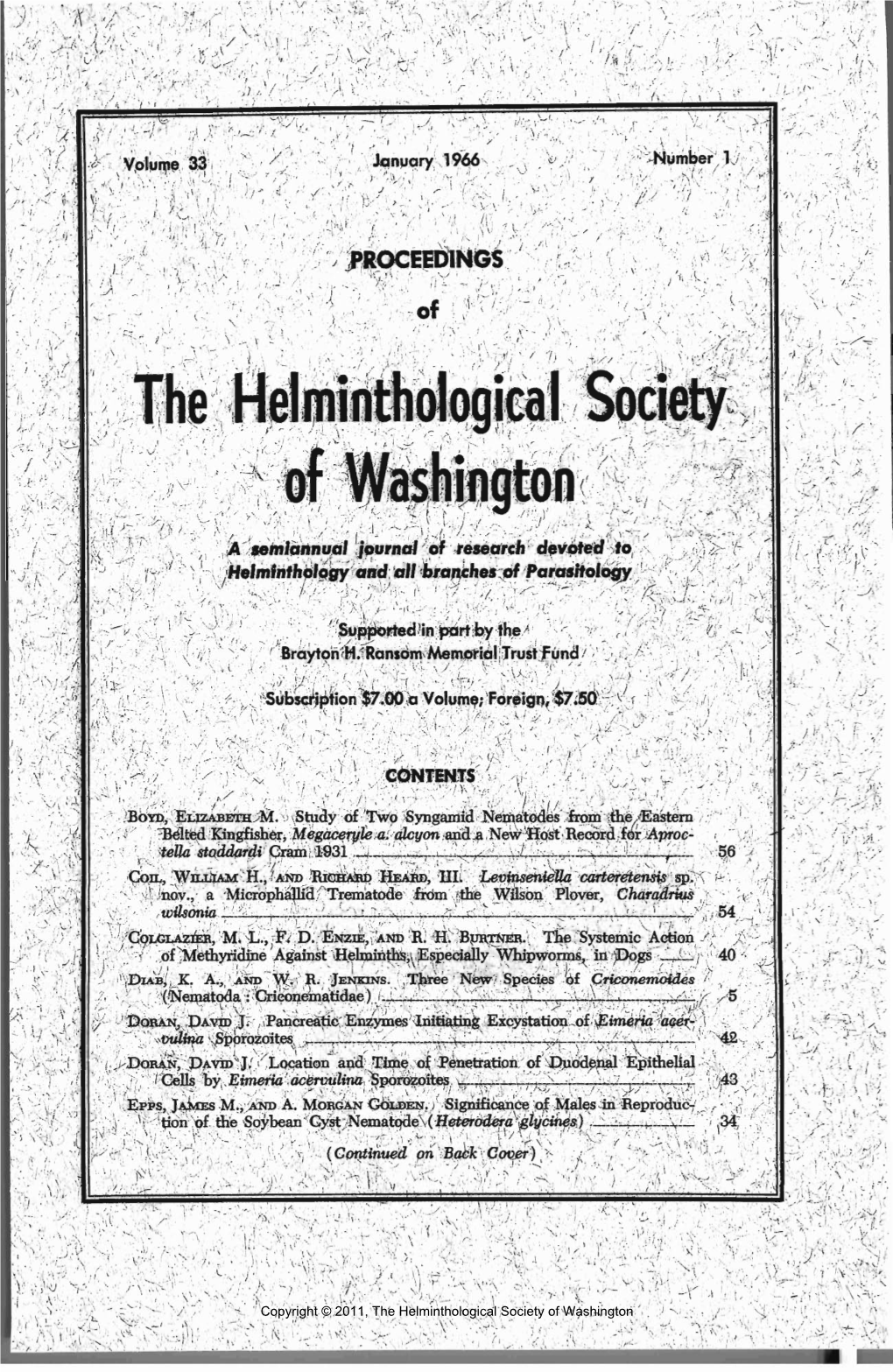 The Helminthologieal Society of Washington §