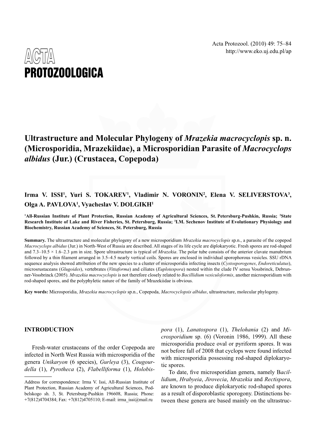 Ultrastructure and Molecular Phylogeny of Mrazekia Macrocyclopis Sp