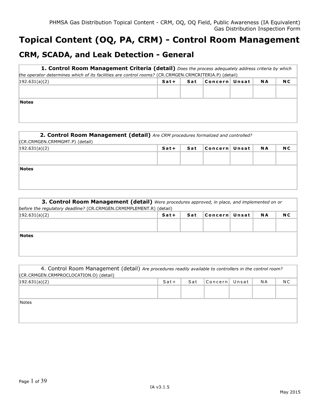 PHMSA Gas Distribution Topical Content - CRM, OQ, OQ Field, Public Awareness (IA Equivalent)