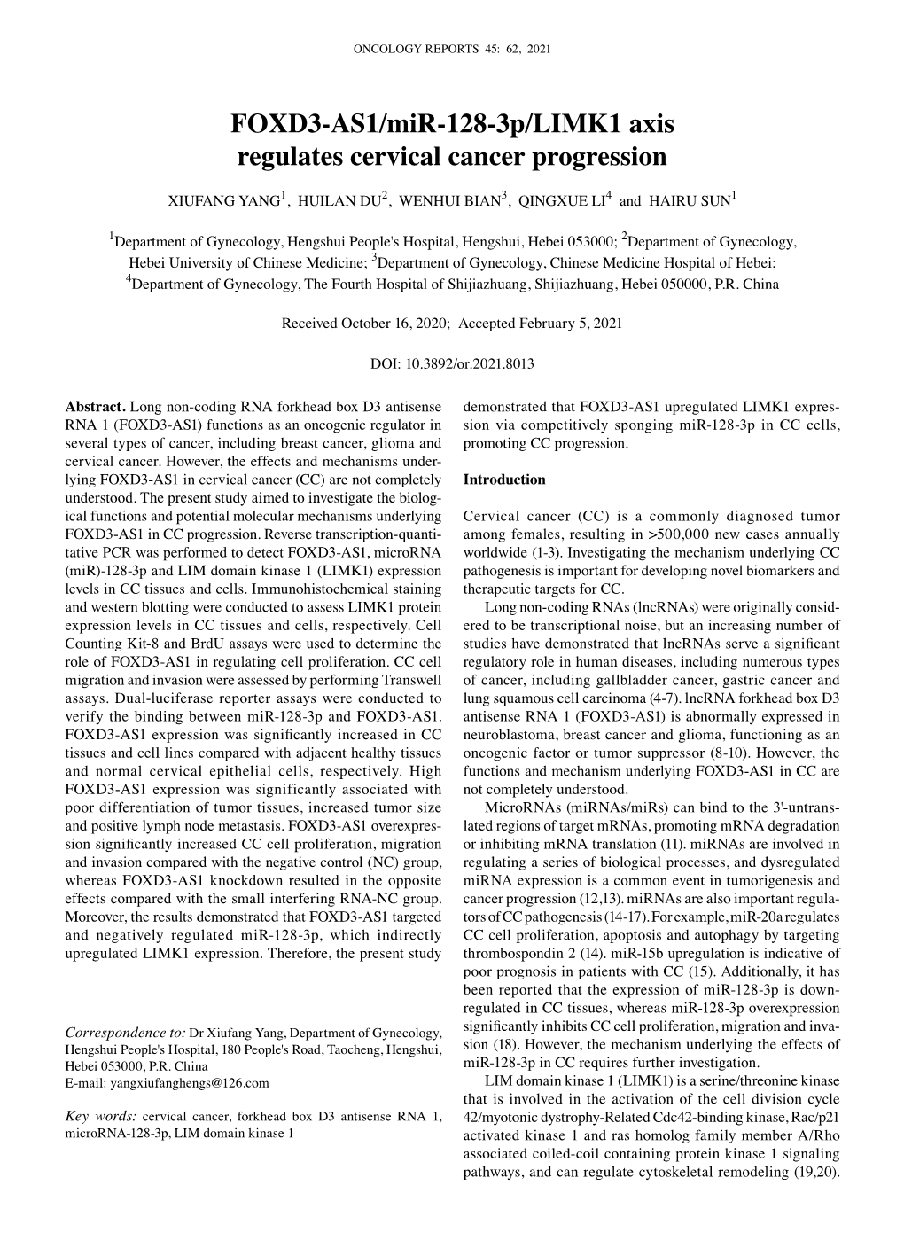 FOXD3‑AS1/Mir‑128‑3P/LIMK1 Axis Regulates Cervical Cancer Progression