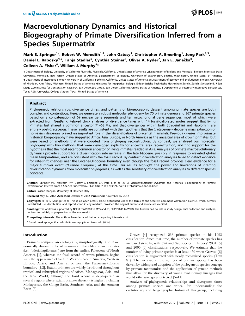 Macroevolutionary Dynamics and Historical Biogeography of Primate Diversification Inferred from a Species Supermatrix