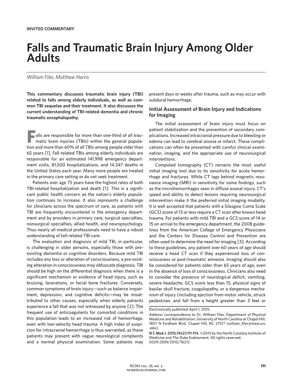 Falls and Traumatic Brain Injury Among Older Adults