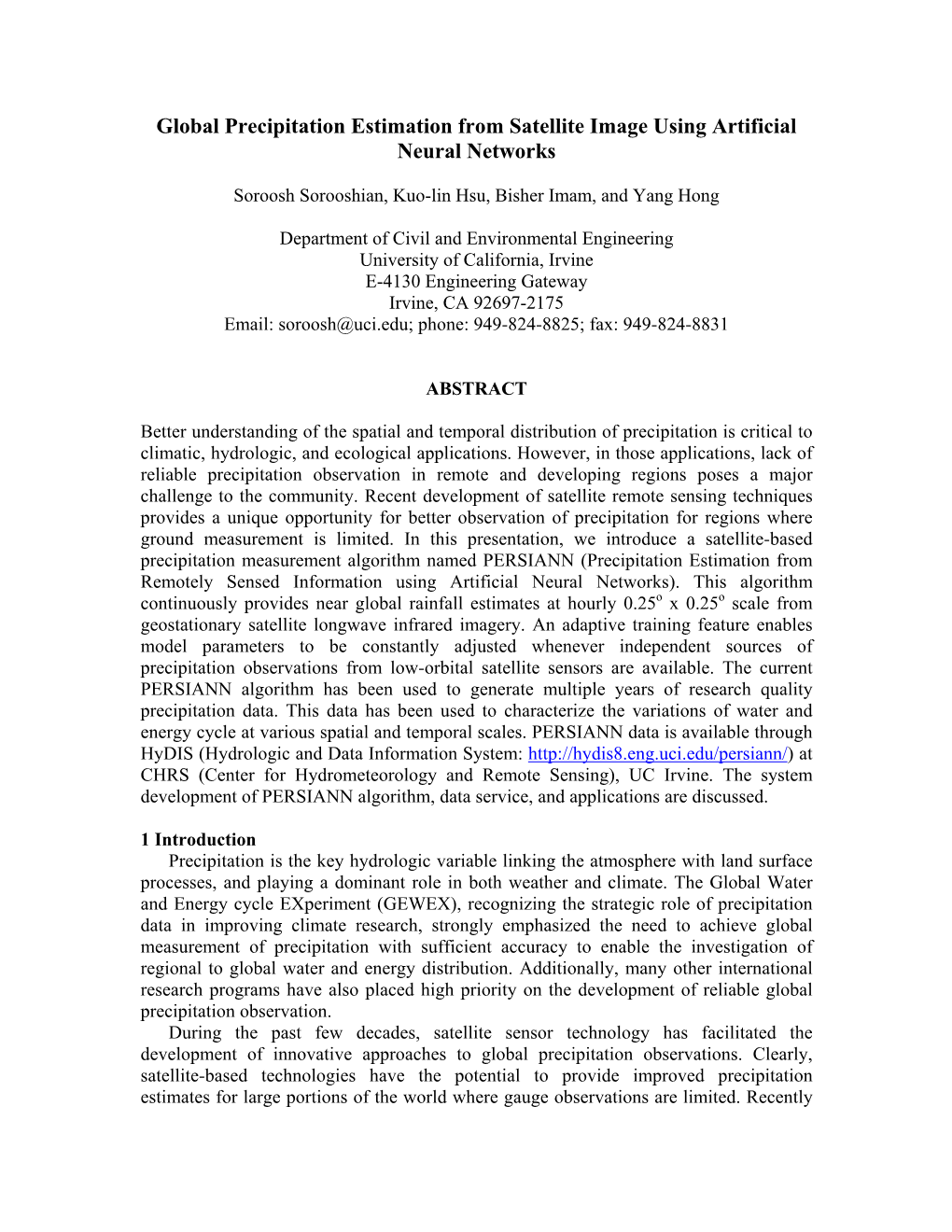 Global Precipitation Estimation from Satellite Image Using Artificial Neural Networks