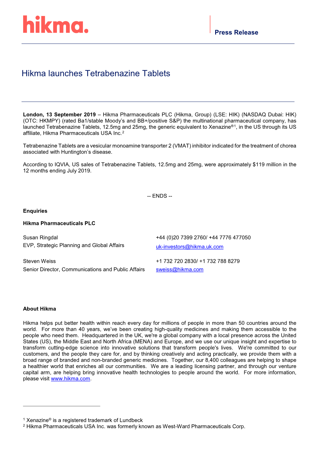 Hikma Launches Tetrabenazine Tablets