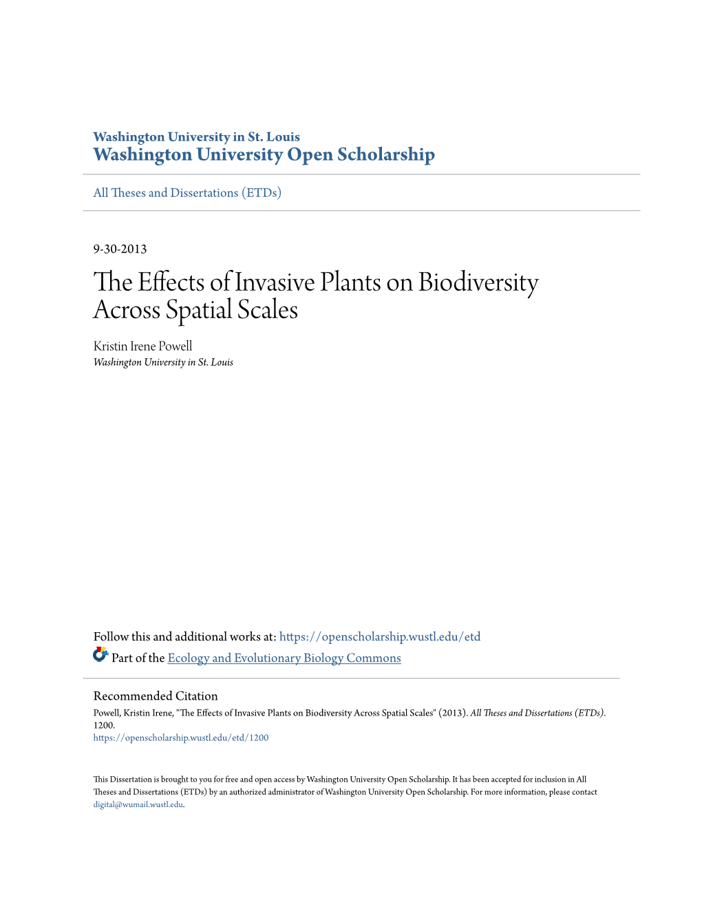 The Effects of Invasive Plants on Biodiversity Across Spatial Scales" (2013)