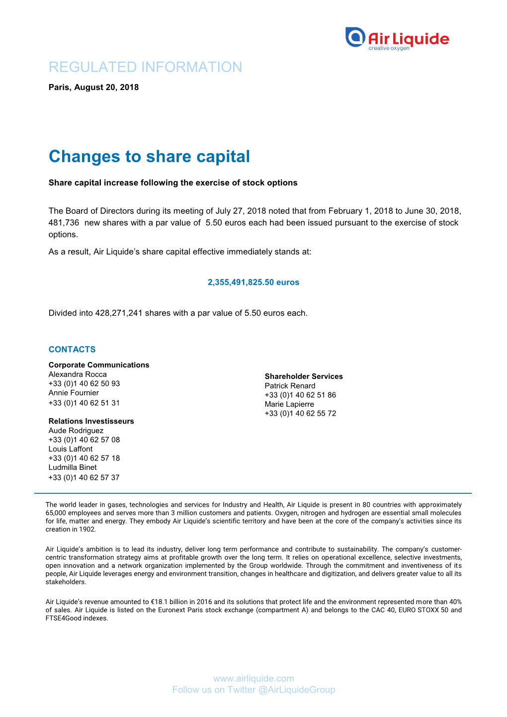Air Liquide’S Share Capital Effective Immediately Stands At