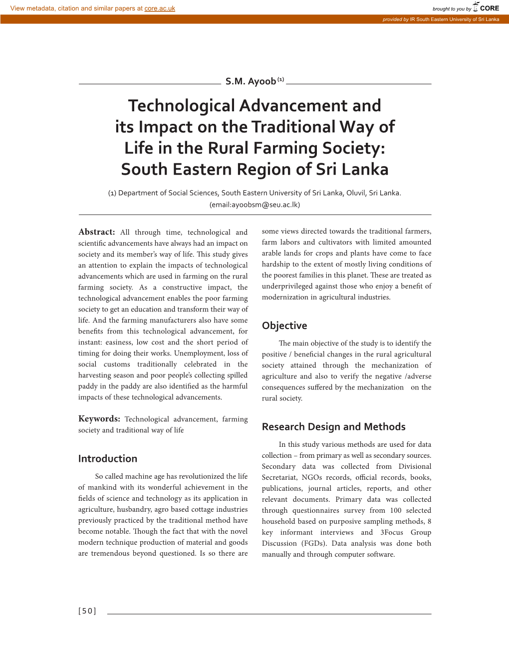 Technological Advancement and Its Impact on the Traditional Way of Life in the Rural Farming Society: South Eastern Region of Sri Lanka