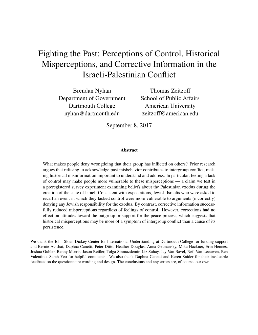 Fighting the Past: Perceptions of Control, Historical Misperceptions, and Corrective Information in the Israeli-Palestinian Conf