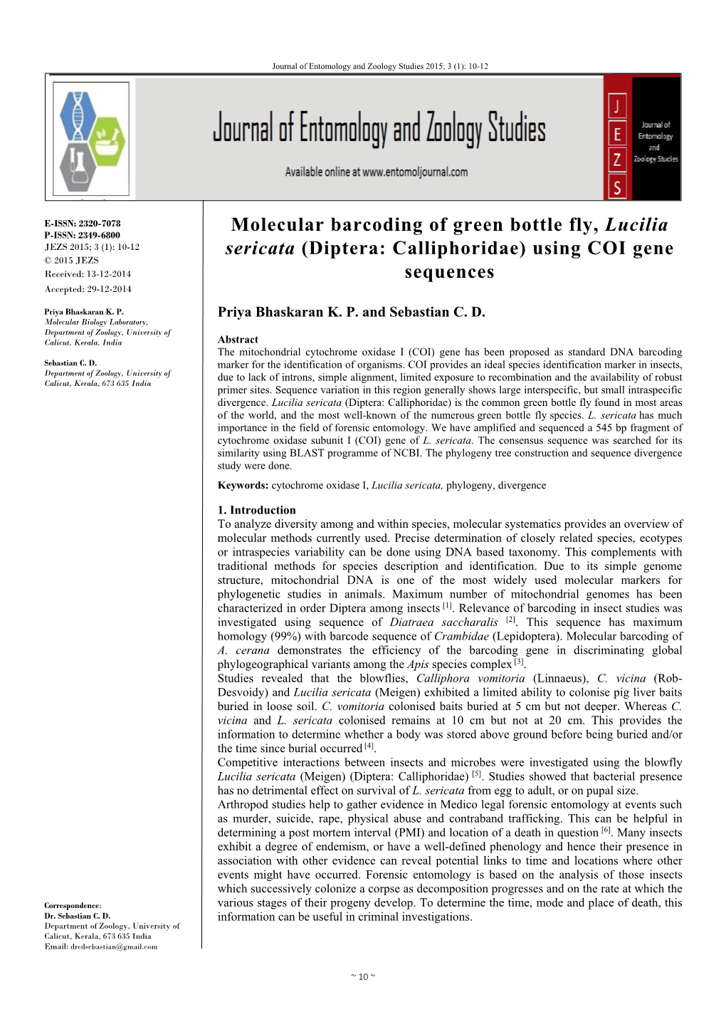 Molecular Barcoding of Green Bottle Fly, Lucilia Sericata