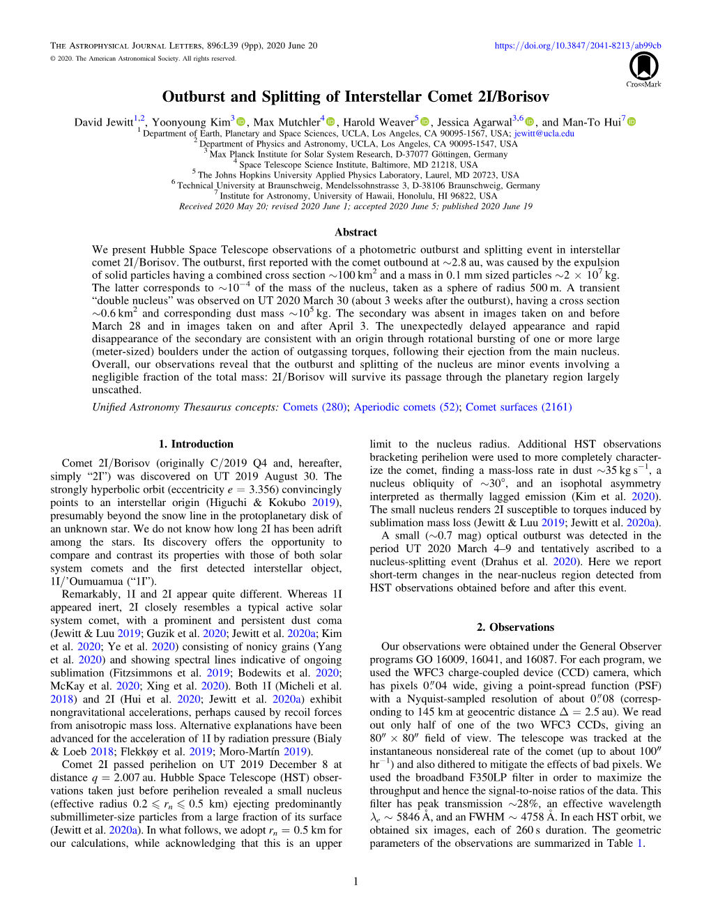 Outburst and Splitting of Interstellar Comet 2I/Borisov