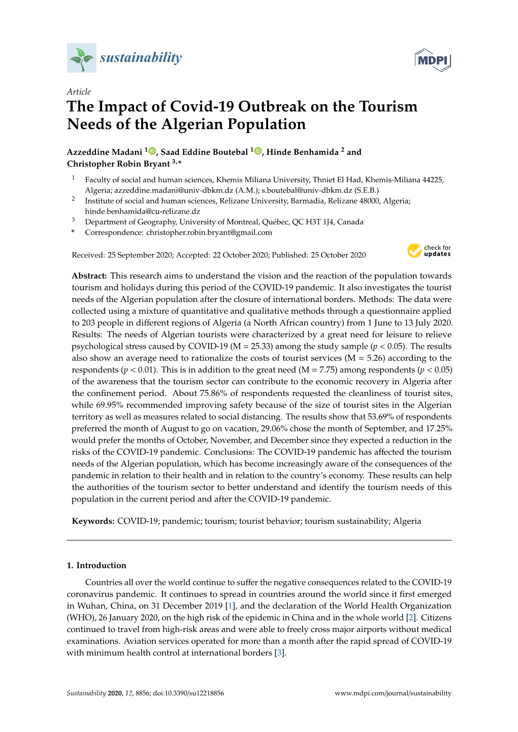 The Impact of Covid-19 Outbreak on the Tourism Needs of the Algerian Population