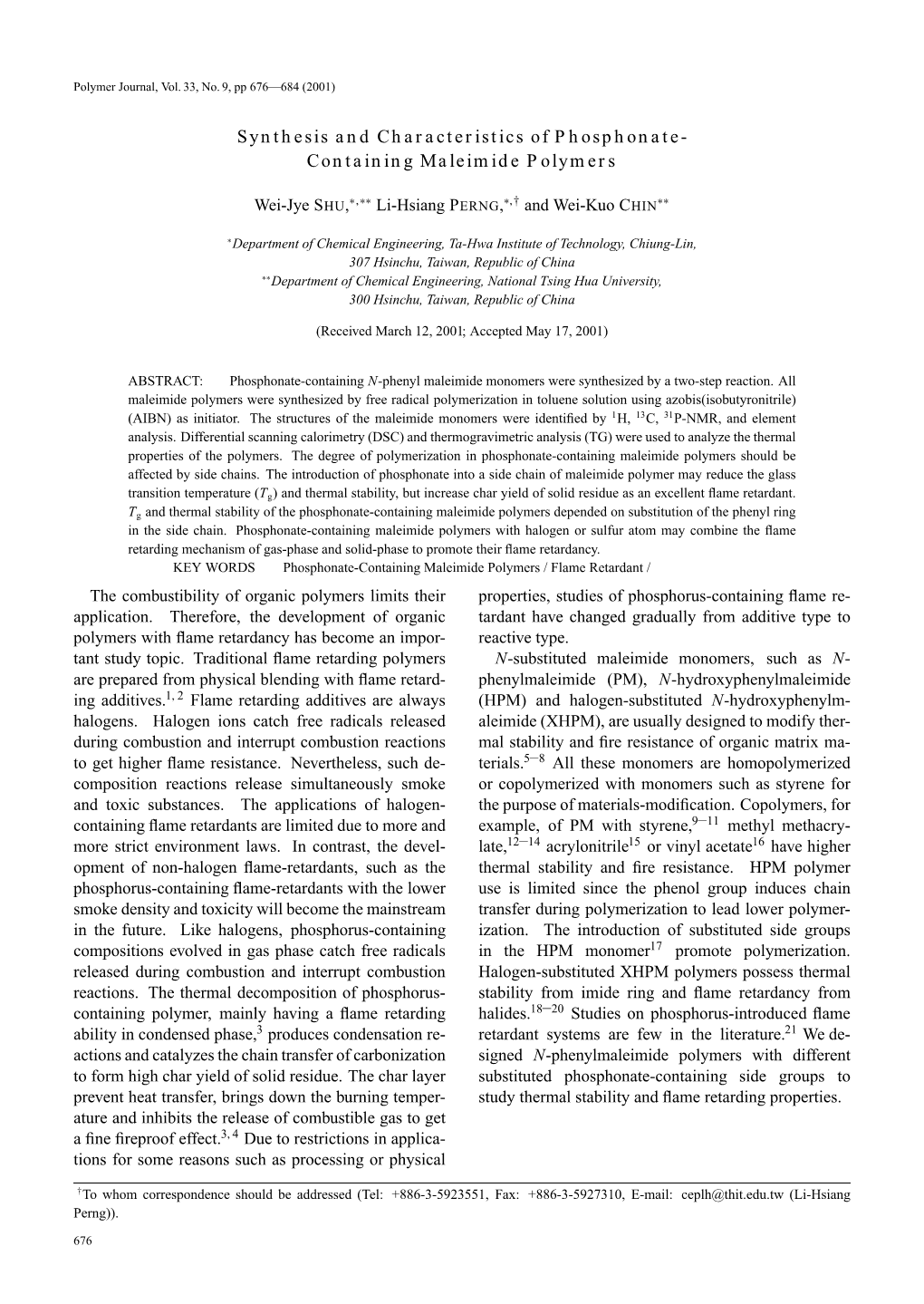 Synthesis and Characteristics of Phosphonate- Containing Maleimide Polymers