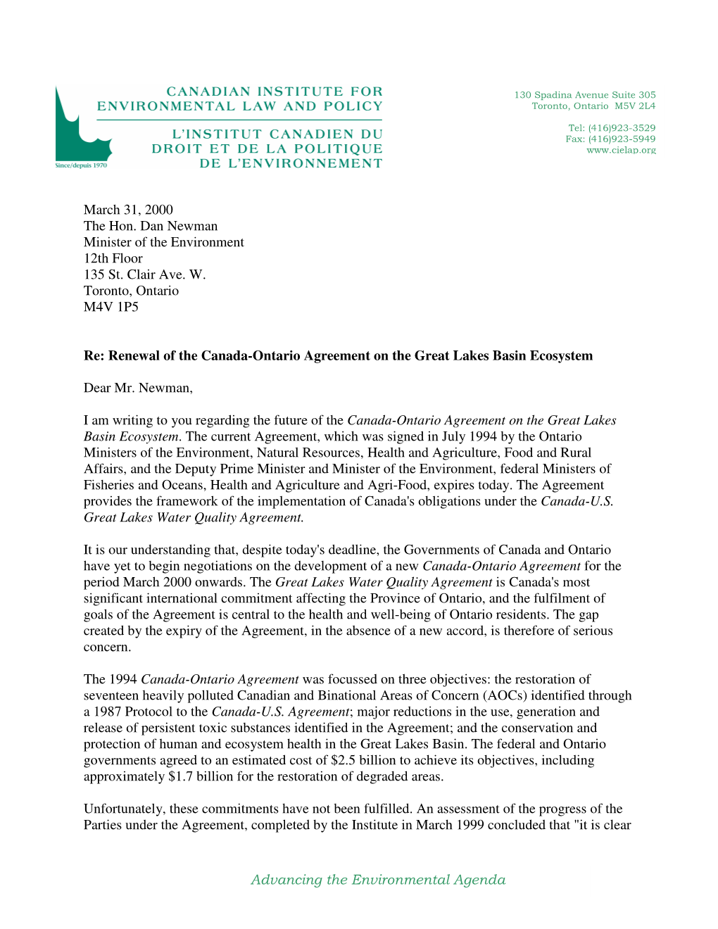 March 31, 2000 the Hon. Dan Newman Minister of the Environment 12Th Floor 135 St