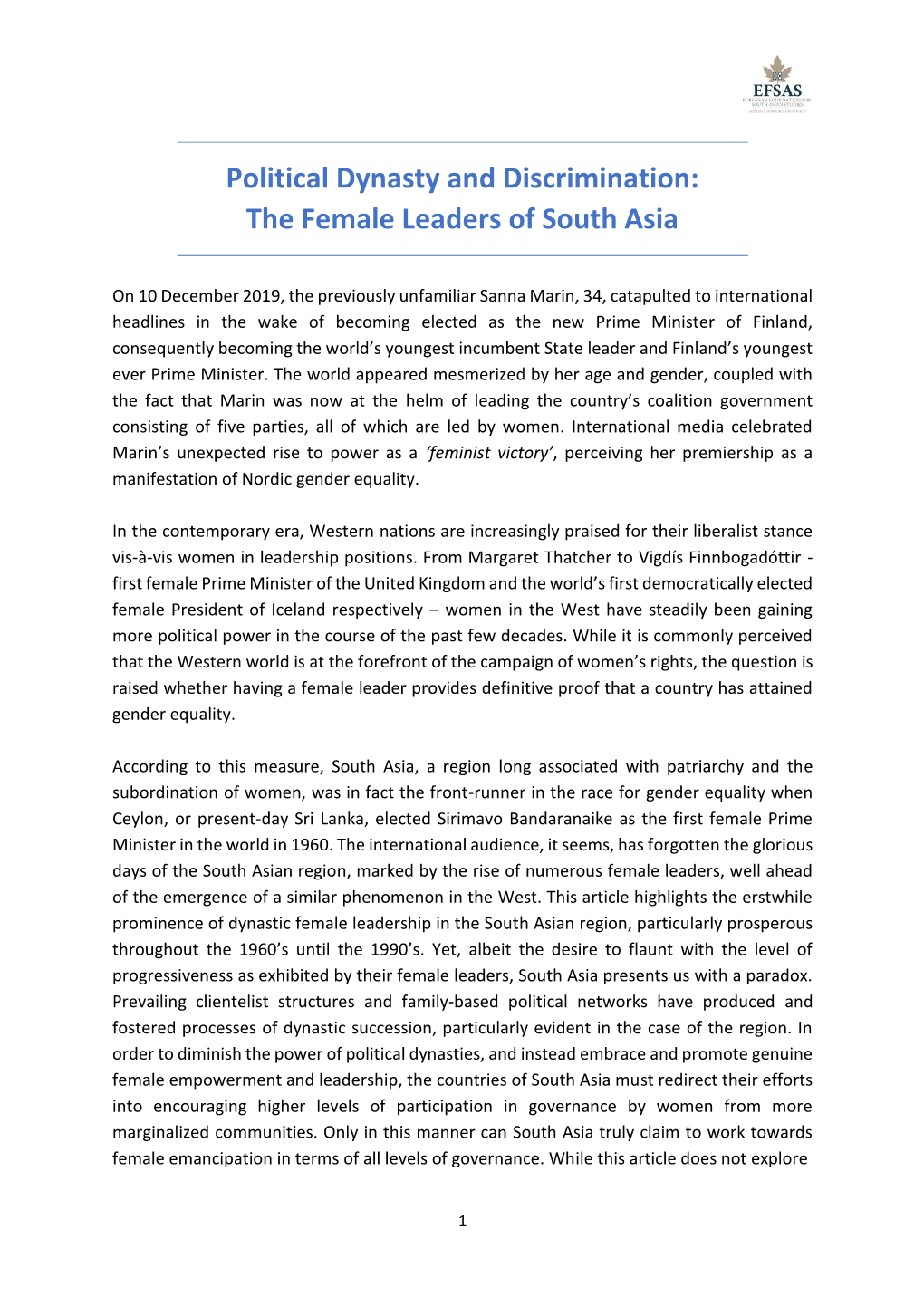 Political Dynasty and Discrimination: the Female Leaders of South Asia