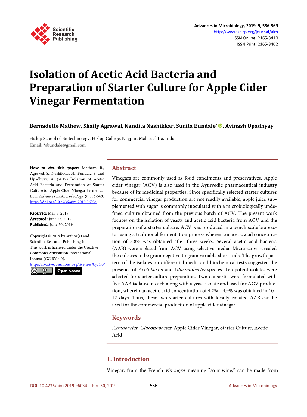 Isolation of Acetic Acid Bacteria and Preparation of Starter Culture for Apple Cider Vinegar Fermentation