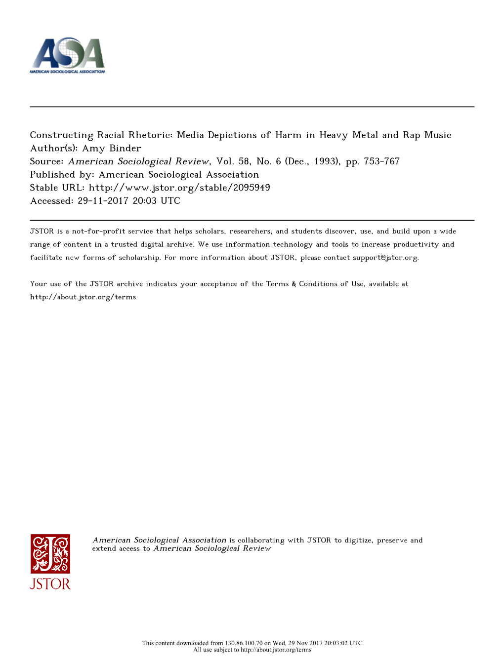 Media Depictions of Harm in Heavy Metal and Rap Music Author(S): Amy Binder Source: American Sociological Review, Vol