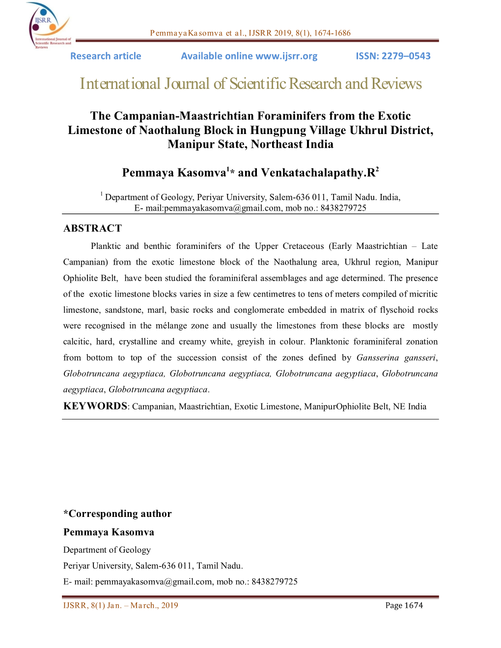 The Campanian-Maastrichtian Foraminifers from the Exotic Limestone of Naothalung Block in Hungpung Village Ukhrul District, Manipur State, Northeast India