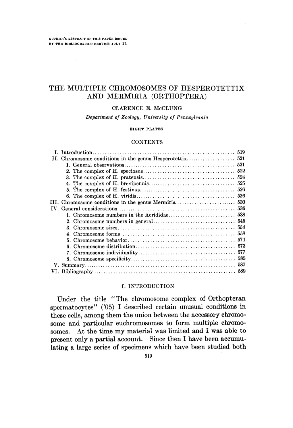 The Multiple Chromosomes of Hesperotettix and Mermiria