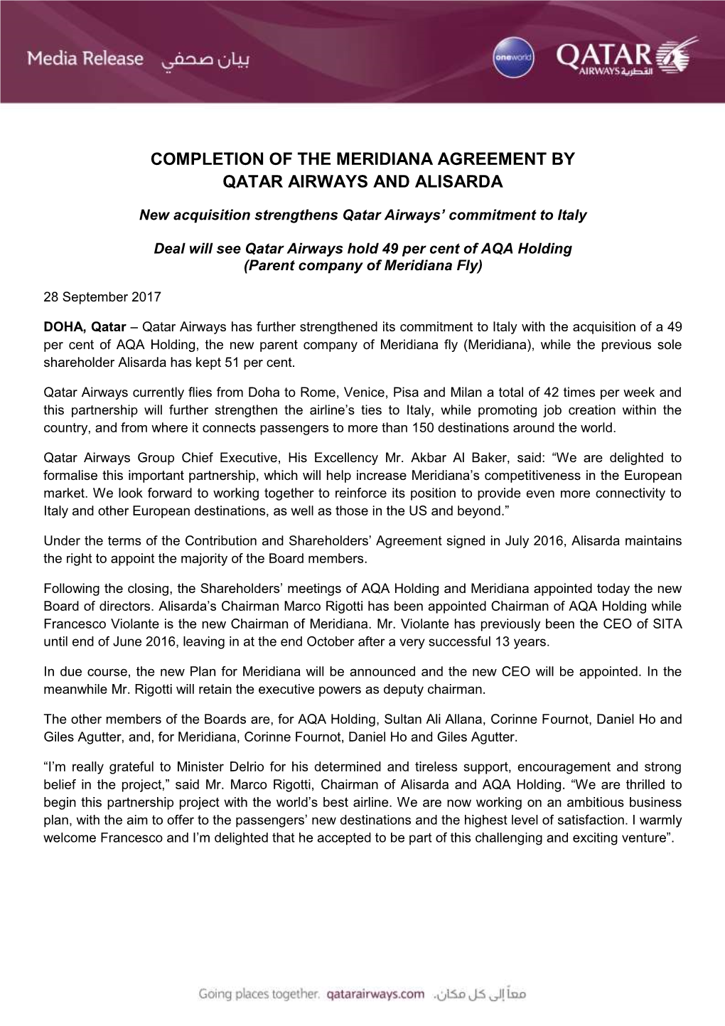 Completion of the Meridiana Agreement by Qatar Airways and Alisarda