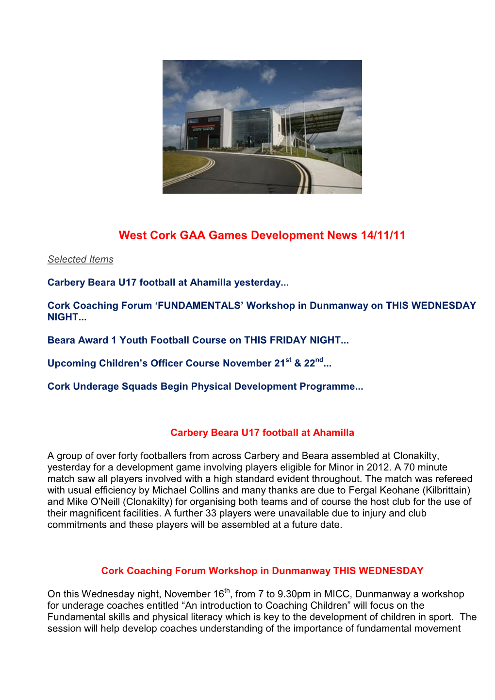 West Cork GAA Games Development News 14/11/11