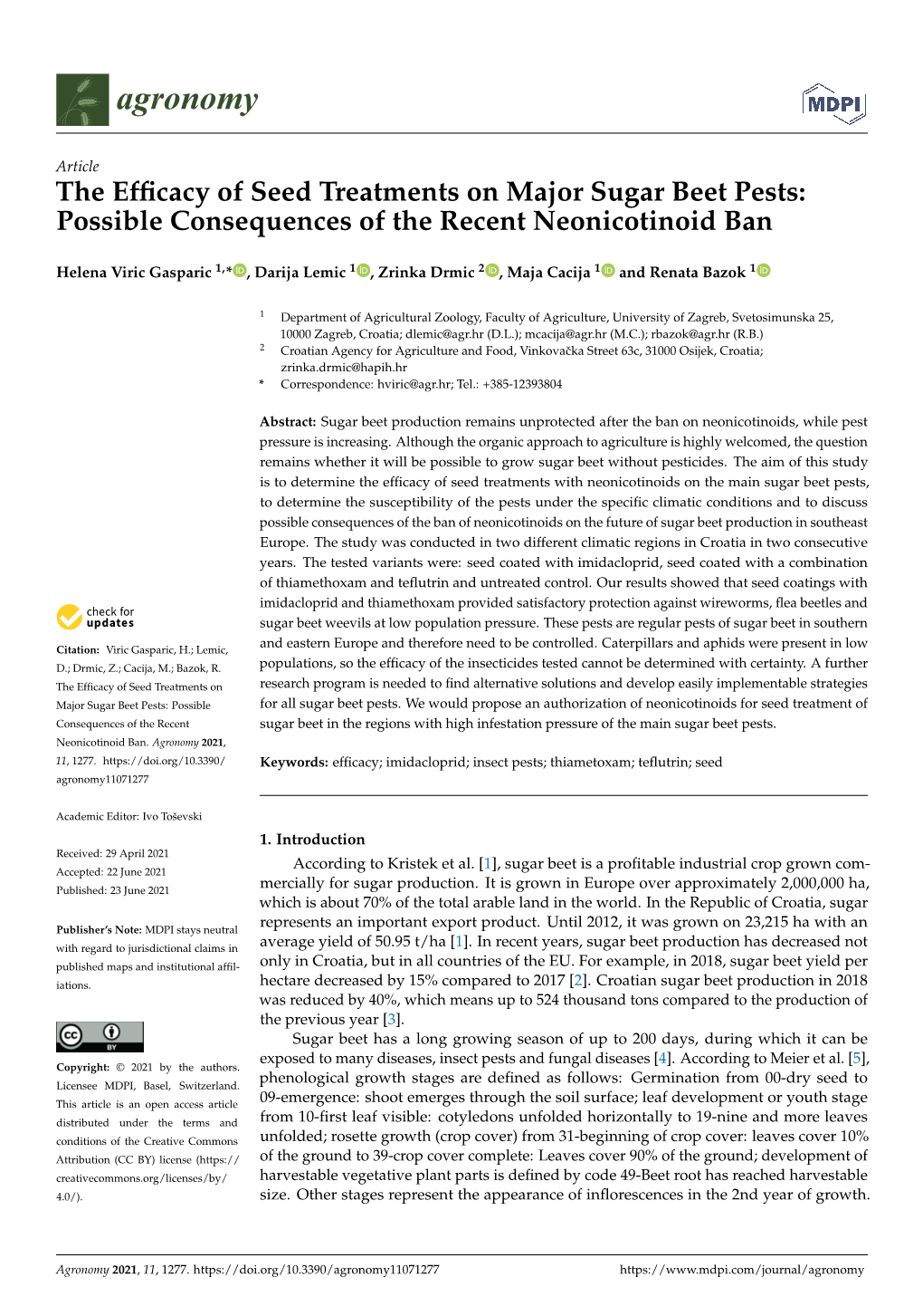 The Efficacy of Seed Treatments on Major Sugar Beet Pests