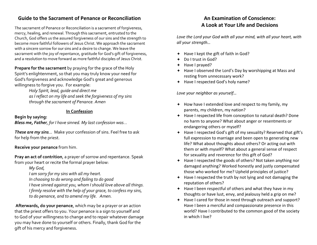 Guide to the Sacrament of Penance Or Reconciliation an Examination of Conscience: a Look at Your Life and Decisions