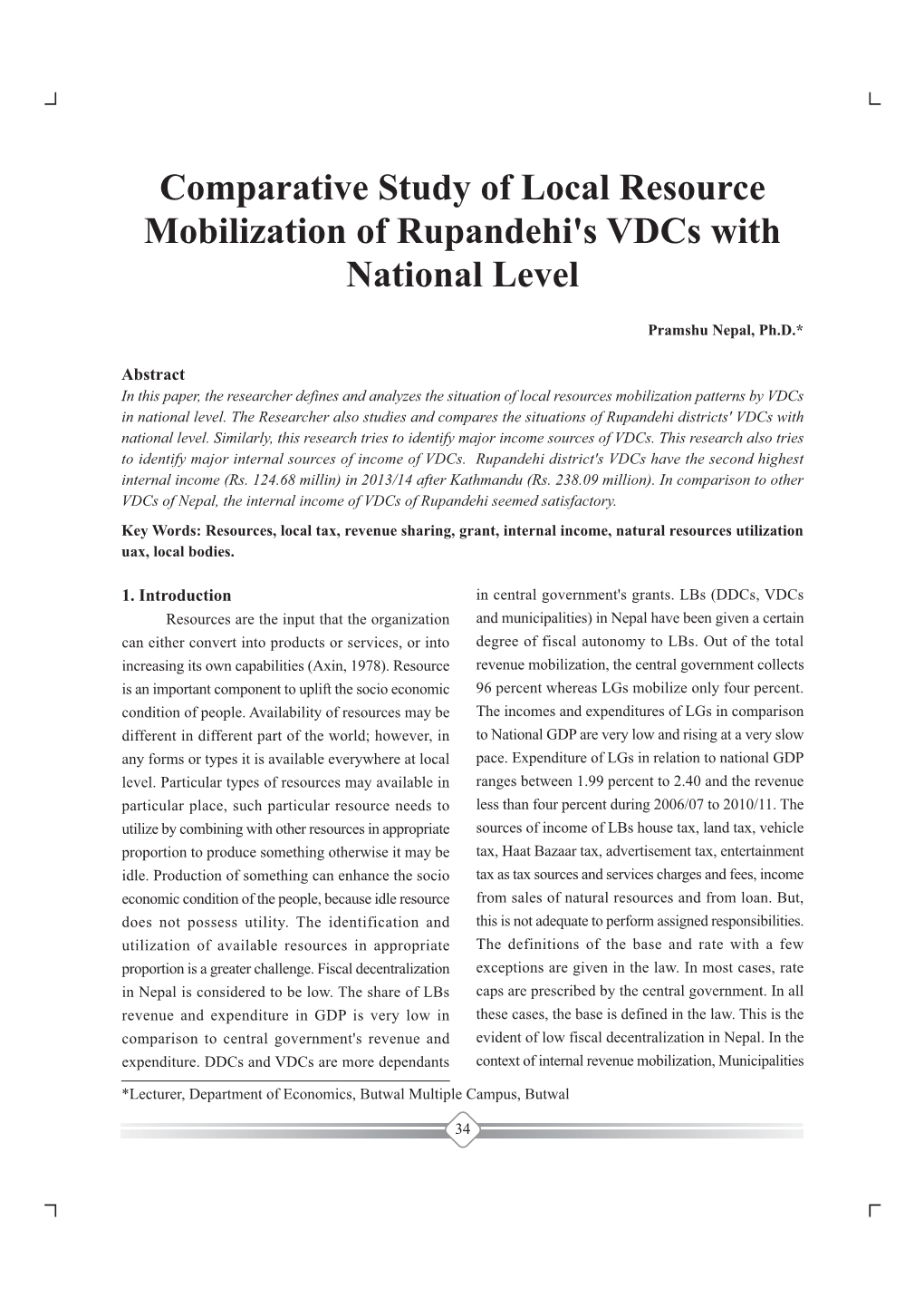 Comparative Study of Local Resource Mobilization of Rupandehi's Vdcs with National Level