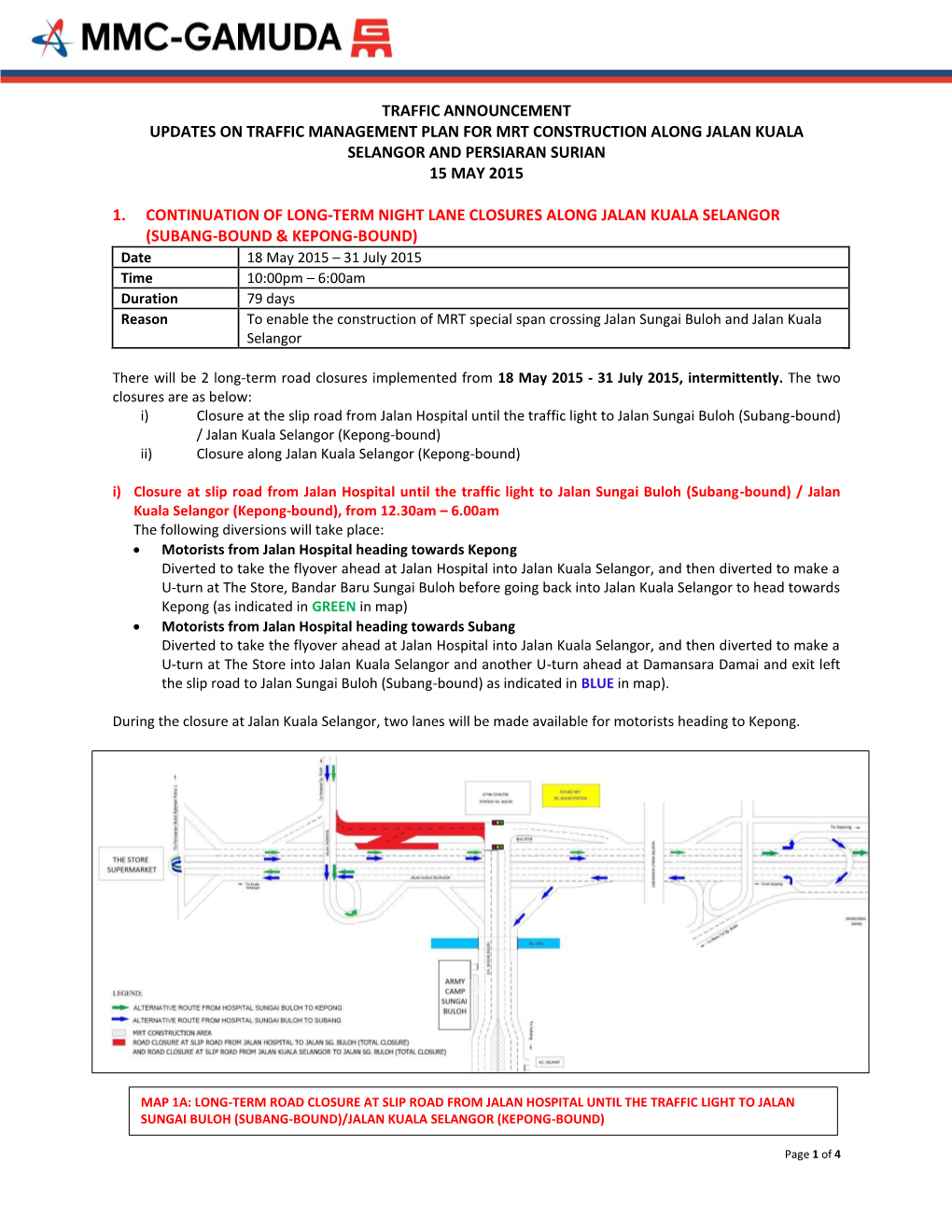 Traffic Announcement Updates on Traffic Management Plan for Mrt Construction Along Jalan Kuala Selangor and Persiaran Surian 15 May 2015