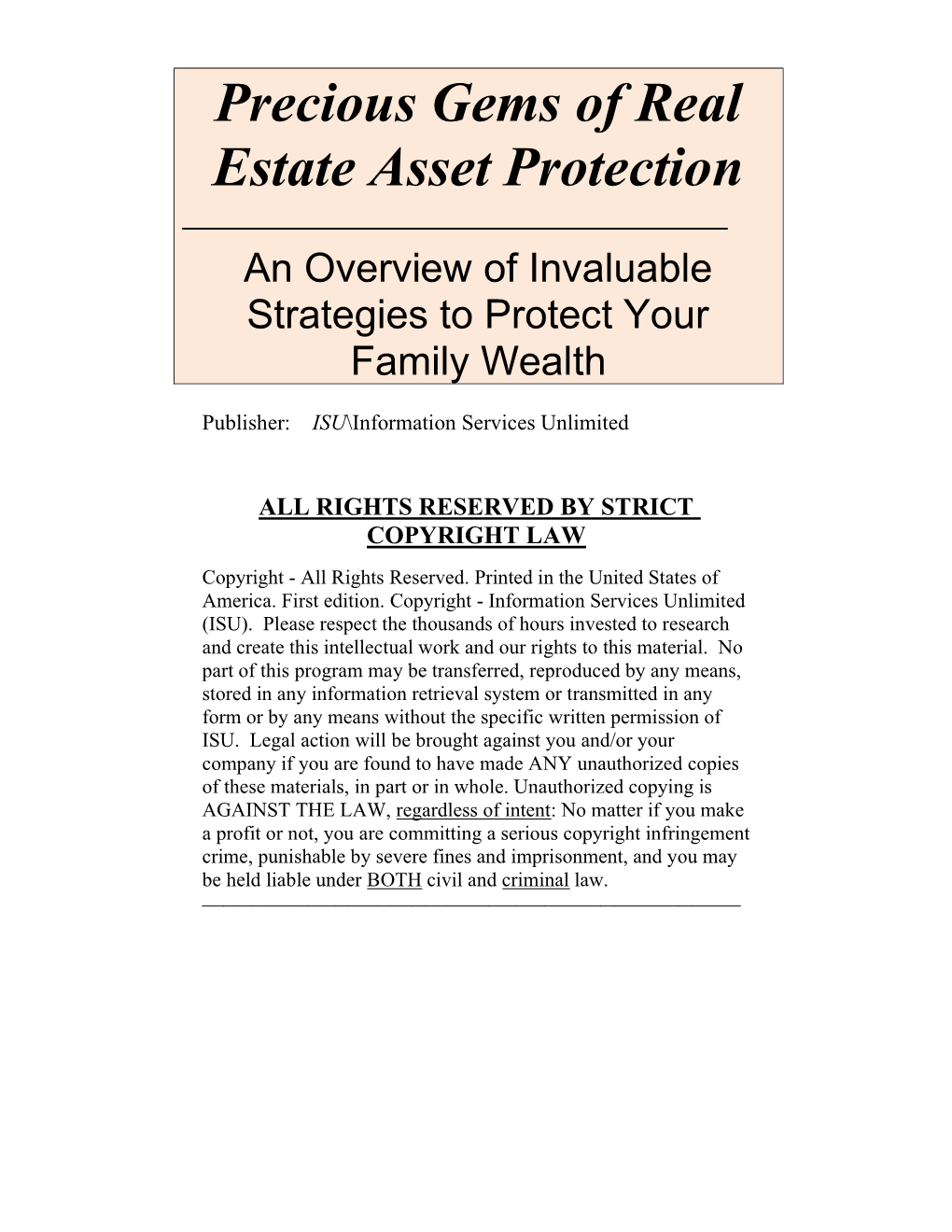 Precious Gems of Real Estate Asset Protection