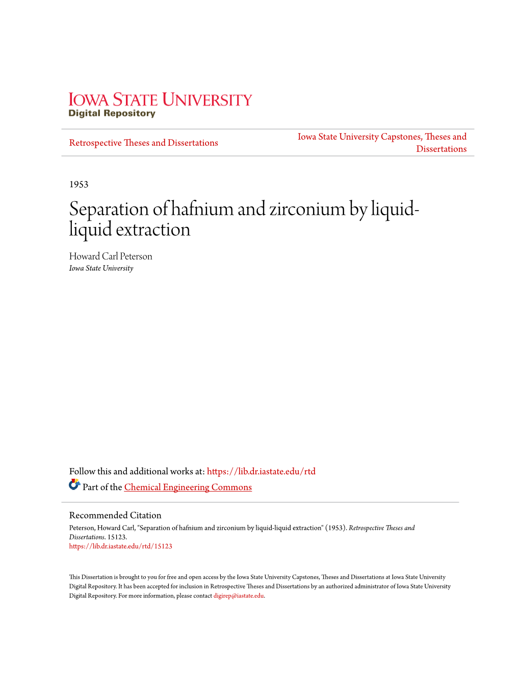 Separation of Hafnium and Zirconium by Liquid-Liquid Extraction" (1953)