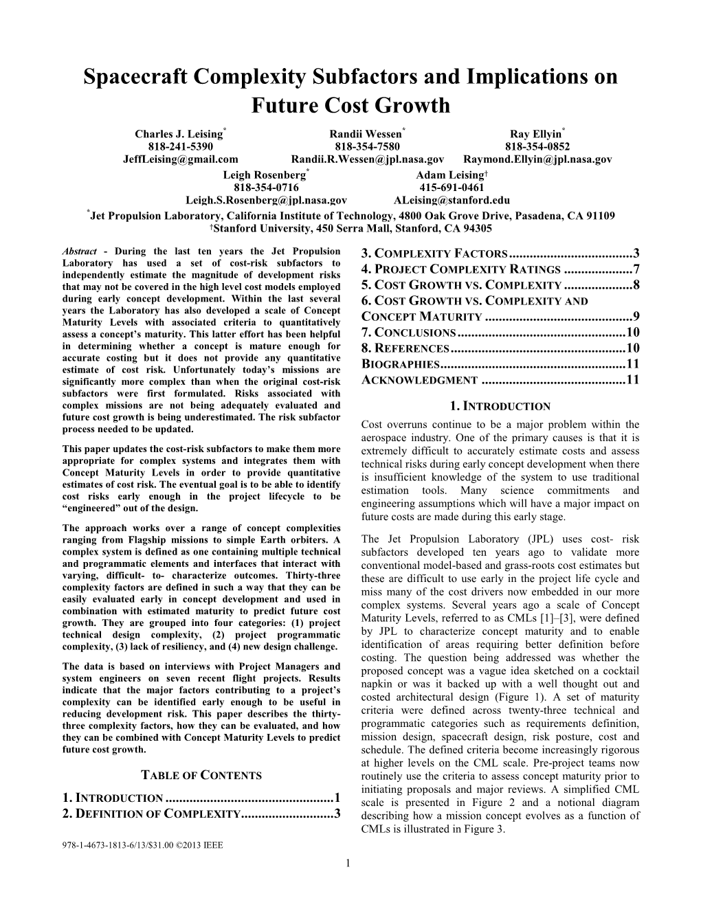 Spacecraft Complexity Subfactors and Implications on Future Cost Growth Charles J