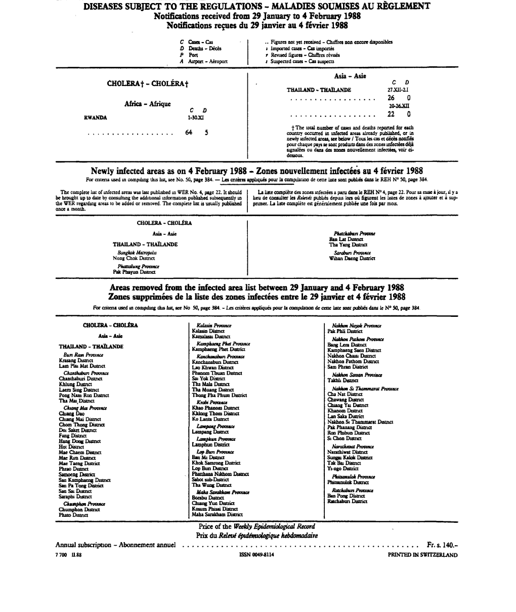 MALADIES SOUMISES AU RÈGLEMENT Notifications Received from 29 January to 4 February 1988 Notifications Reçues Du 29 Janvier Au 4 Février 1988