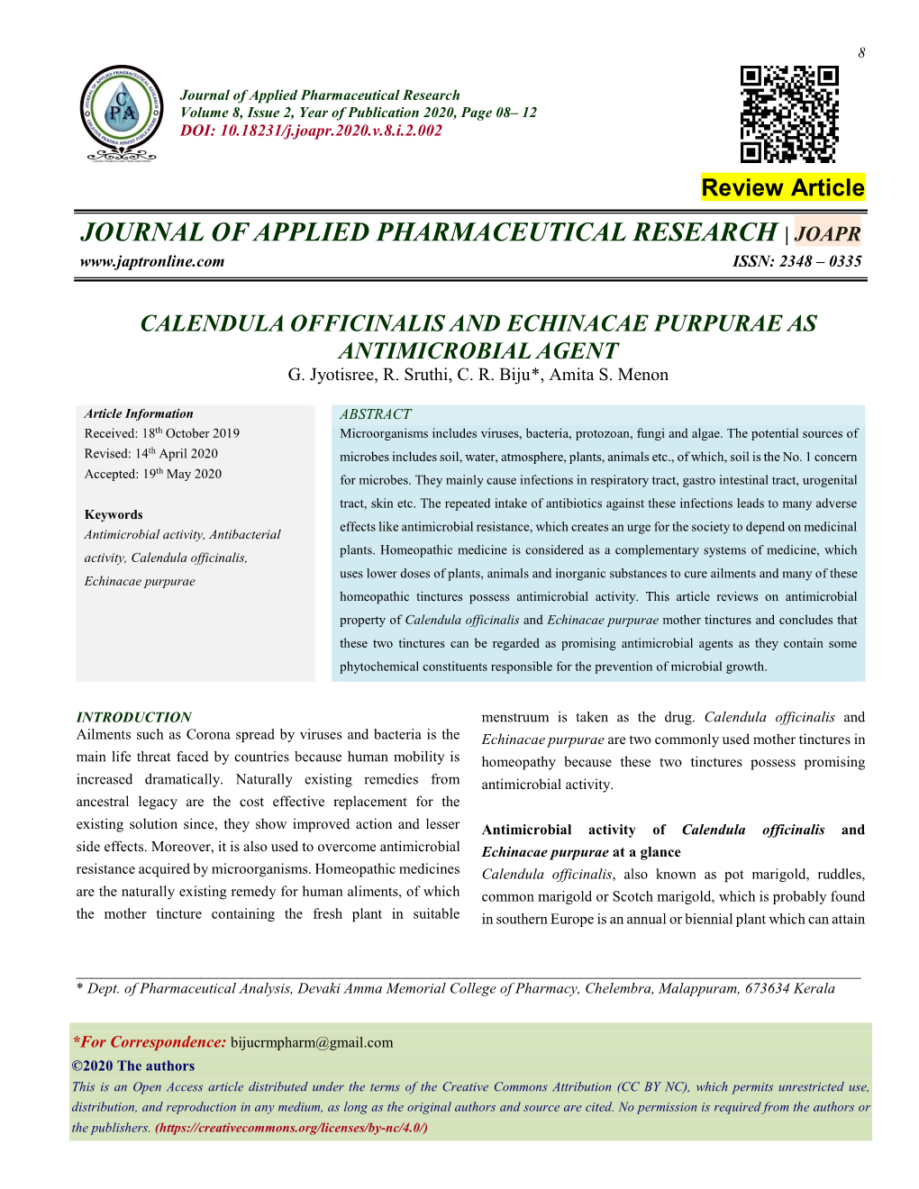 Calendula Officinalis and Echinacae Purpurae As Antimicrobial Agent G