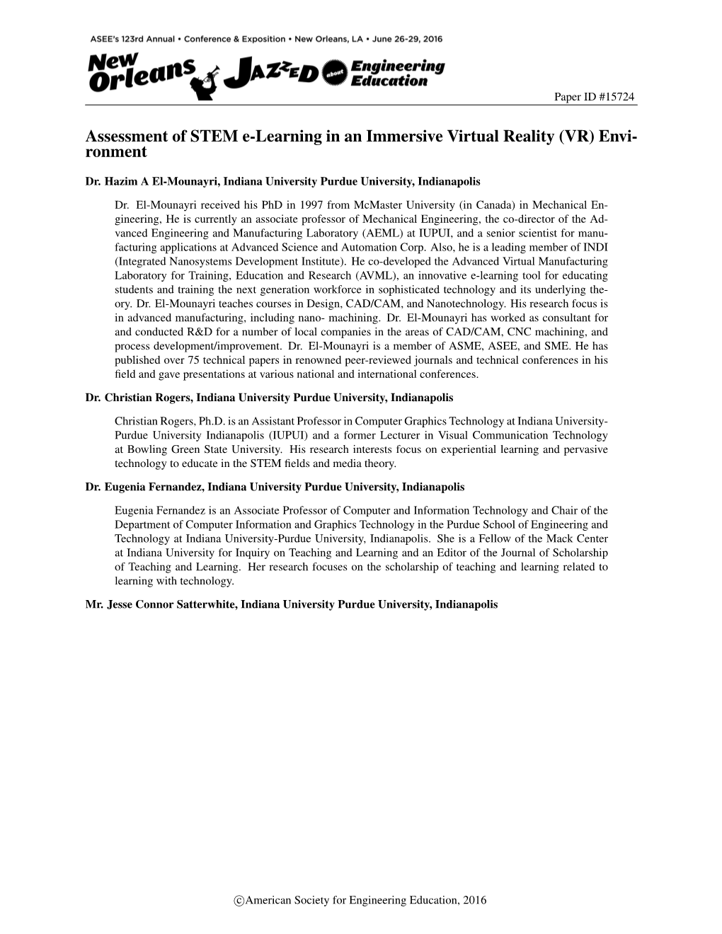 Assessment of STEM E-Learning in an Immersive Virtual Reality (VR) Envi- Ronment