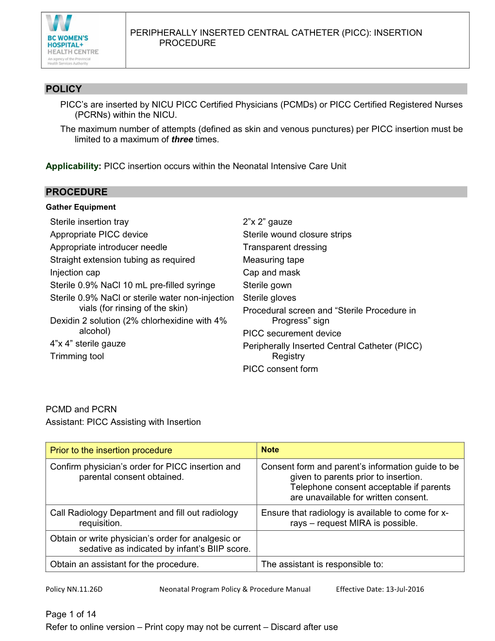 Peripherally Inserted Central Catheter (Picc): Insertion Procedure