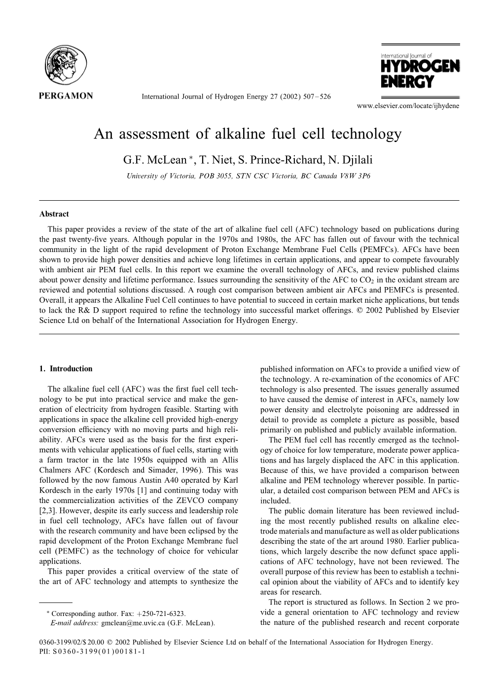 An Assessment of Alkaline Fuel Cell Technology